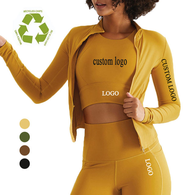 Custom Recycled Fabric 3 Piece Yoga Set Yoga Wear Compression Soft Brushed Lightweight Skin Fit Running Legging Jacket Bra Set
