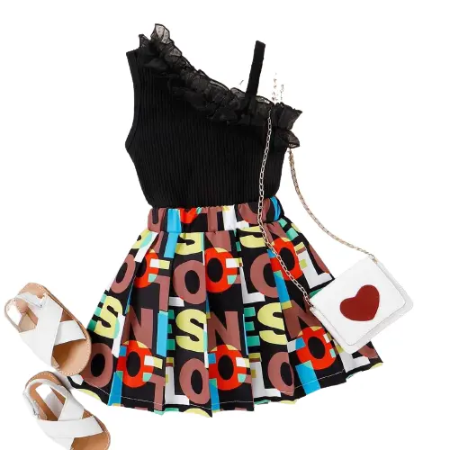 Children Boutique Suit Oblique Shoulder 2023 Suspender Lace Knitting Vest Printing Letter Pleated Skirt Two Pieces Kids Clothes
