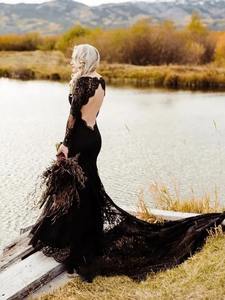 Mangas largas Vestidos de noche negros Sirena Tallas grandes Ilusión Apliques de encaje Vestidos de baile Vestidos formales - Product Image 2