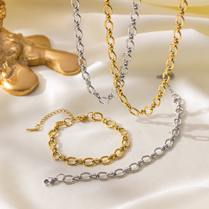 Banded Node Necklace Bracelet | Stainless Steel 18K PVD Gold Plated Oval Link Chain Jewelry <b>Set</b> Wholesale | Waterproof & Durable - Product Image 2
