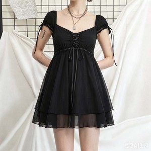 Top de chifón cómodo y holgado para fiesta, de verano, ecológico, con cuello cuadrado, manga corta, pliegues y encaje, estilo gótico oscuro para mujer - Product Image 5