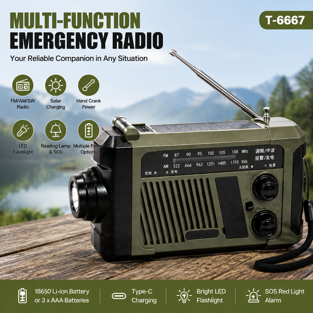 Emergency Hand-Crank Radio Solar-Powered Flashlight FM/AM/SW Radio with Rechargeable Battery