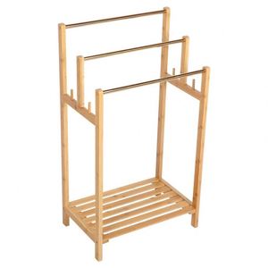 Porte-serviettes et étagère vintage autoportant en bambou et bois à 3 niveaux, pour piscine et salle de bain - Product Image 4