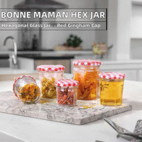 Penjualan Panas Stoples Kaca Oktagonal Dengan Tutup Logam Merah Bermotif Kotak-kotak Tahan Suhu Tinggi 50ml 100ml untuk Penyimpanan Saus Kacang Madu.