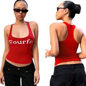 Character Print Front Red Bow Racerback Tank <b>Top</b> Women Summer Hot Sale U-Neck Backless Knit Breathable Eco-Friendly Sporty - Product Image 1