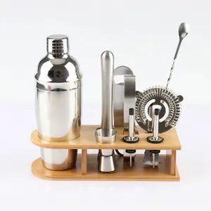 Individuelles Barware Bambusständer Töpfer Barlöffel Edelstahl Mixologie Barkeeper-Set Cocktail Shaker Bar-Werkzeugsatz