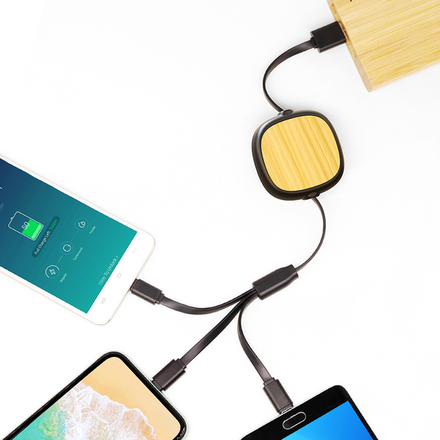Eco-Friendly Cork RPET 3 in 1 Data Cable Bamboo Wood Straw Cement Coconut Wood 1 to 3 Retractable Charging Cable Custom Logo