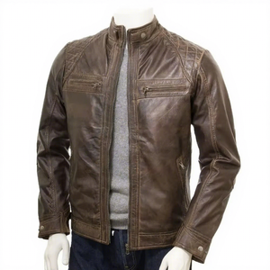 Chaqueta de Cuero Genuino Marrón para Hombre, Corte Ajustado, Estilo Motero, Cafe Racer, de Piel de Vacuno, con Hombros Acolchados, Diseño Clásico y Personalizado - Product Image 1