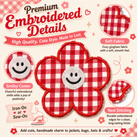 Patch floral en vichy rouge de 11,5 cm, applique brodée thermocollante pour vestes, sacs, chapeaux, vêtements pour enfants, artisanat et ensemble de décoration DIY