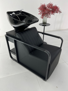 Fauteuil de lavage professionnel moderne avec cadre en métal noir et cuvette en céramique pour salon de coiffure - Product Image 4
