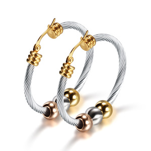 Hoop <b>Earrings</b> 3Mm Stainless Steel Two Tone Beaded Round Cable Women's <b>Stud</b> <b>Earrings</b> Fashion Simple Geometric Design - Product Image 1