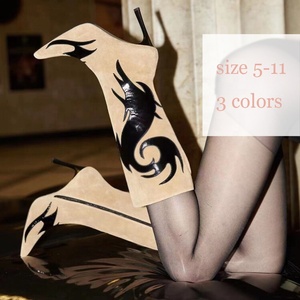 European Styles Suede Upper Women Pointy Toe Knee High <b>Boots</b> Leather Embossed Patchwork Stiletto High Thin Heels Shoes - Product Image 6