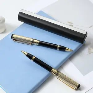 Новый роскошный логотип на заказ, латунные черные с золотым резным металлическим поворотом, позолоченные шариковые ручки для деловых людей, офисный подарок