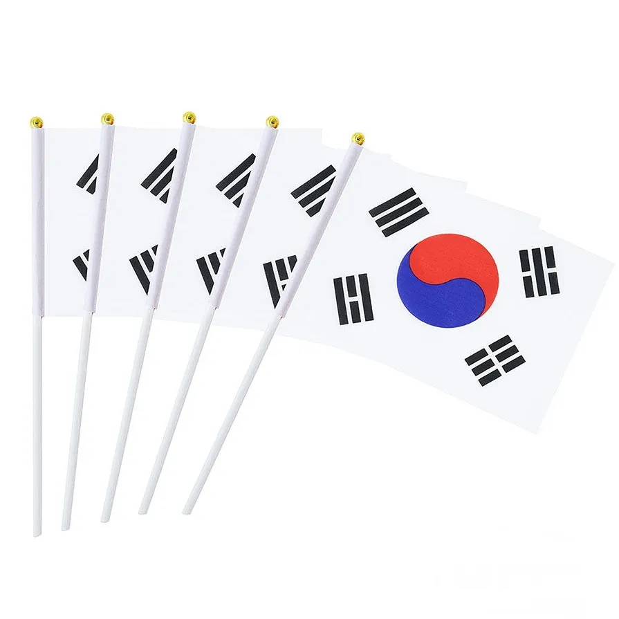 Бесплатная доставка корейский флаг 14x21 см полиэстер настольные флаги с полюсом Летающая страна ручная машущая палка южнокорейские ручные флаги