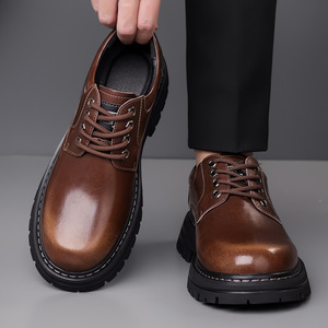 Men's Cowhide <b>Leather</b> Shoes Brown Lace-Up Chunky Sole Casual <b>Work</b> <b>Boots</b> 5081 - Product Image 3