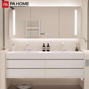 Mobile <span class=keywords><strong>Bagno</strong></span> Moderno a Parete con Doppio Lavabo, Specchio LED Intelligente Antiappannamento e Mobiletto, Lavabo in Ceramica - Product Image 1