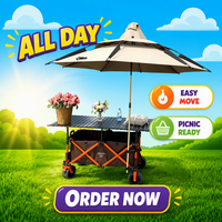 Chariot de camping pliable à quatre roues avec table réglable en hauteur et toit pare-soleil pour le shopping et le stockage, OEM disponible