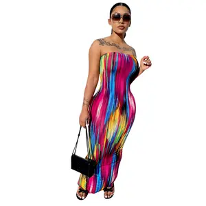 sexy fashion printed dropshipping strapless woman summer casual long dresses