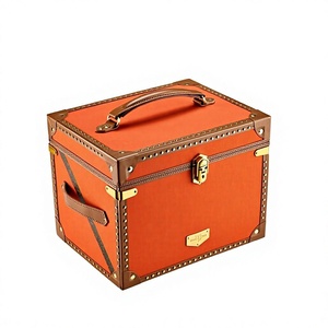 Caja de Joyería Clásica de Cuero con Tapa y Diseño de Bisagras, Color Naranja Marrón, Organizador de Almacenamiento - Product Image 1