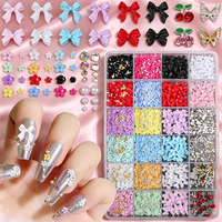 Kit de 24 grilles de décorations pour ongles en résine : nœuds, fleurs, papillons, perles, strass, nœuds papillon mignons et cerises