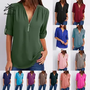 Plus Size Damen Tops Farben V-Ausschnitt Langarm Chiffon Elegant Design Damen Shirt Bluse Für Damen Shirts