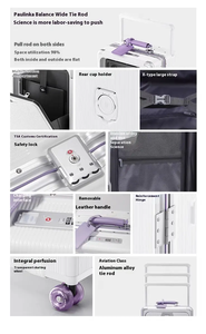 高品質 透明 静音キャスター フロントオープン フルアルミニウム 機内持ち込み スーツケース ワイドハンドル トラベル トロリーケース - Product Image 6