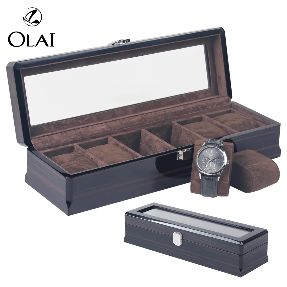 Boîte de montre en bois à motif noir unique de luxe Organisateur de boîte de montre à 6 emplacements pour hommes