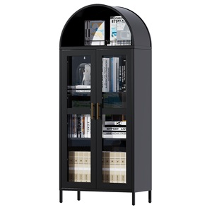 خزانة جانبية صينية عتيقة سوداء لغرفة المعيشة، خزانة تخزين فولاذية منزلية مقوسة مع باب زجاجي - Product Image 1