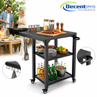Chariot de service pour barbecue avec dessus en acier inoxydable brossé, plateau d'extension noir et crochets en S, deux étagères