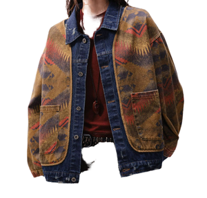 Chaqueta de mezclilla de búfalo desgastada, estilo étnico retro americano, personalizada, informal, de punto, con cuello alto, transpirable, para hombre, otoño - Product Image 1