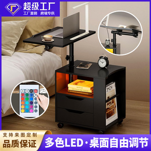 Bedroom bedside <b>table</b> with height <b>adjustment</b> and 360 rotation, including drawer storage, LED lights, and power outlet. - Product Image 3