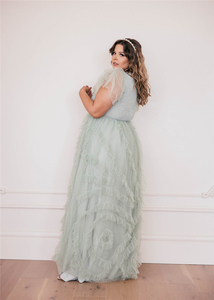2022 Autumn Casual Elegant Custom Women Flutter Sleeve <strong>White</strong> <strong>Lace</strong> Tulle Plus Size Maxi <strong>Dress</strong> - Product Image 2