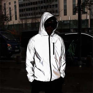 Unisex Thin Silver Solid <strong>Reflective</strong> 100% Polyester <strong>Jacket</strong> Hooded Full <strong>Reflective</strong> Windproof Zipper Coat for Night <strong>Cycling</strong> Running - Product Image 1