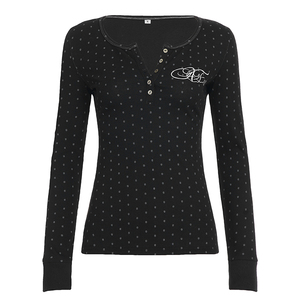 Camiseta de manga larga con cuello redondo y botones, estilo femenino, con estampado de lunares en contraste de color, estilo vintage, ajustada y versátil. - Product Image 5