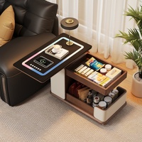 Table basse relevable intelligente moderne avec roulettes, plateau en bois, chargement sans fil et rangement mobile pour salon