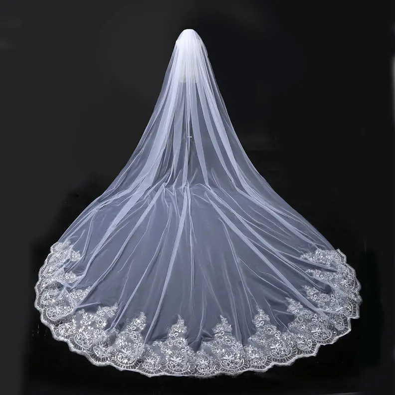 Mischen Sie Stil Braut lange Schleier Hochzeit Kathedrale Tüll Schleier aus weiß Einfache Braut lange Schleier Spitze