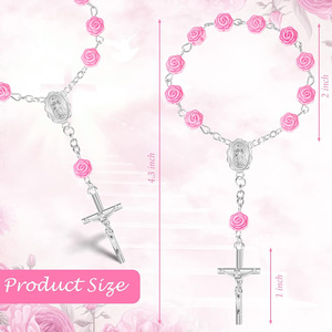 Pulsera de Rosario con Flores de Rosa Rosa, Brazalete con Cruz Hecho a Mano con Aguja Curva, Pulsera <span class=keywords><strong>para</strong></span> Fiesta de <span class=keywords><strong>Bautizo</strong></span> con Embalaje en Bolsa de Organza - Product Image 3