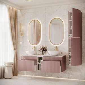 Juego de Baño Doble con <span class=keywords><strong>Lavabo</strong></span> y Mueble Alto, Color <span class=keywords><strong>Rosa</strong></span> Pálido, con Detalles Dorados, <span class=keywords><strong>Lavabo</strong></span> en Forma de Concha, Montado en la Pared, Venta al Por Mayor - Product Image 2