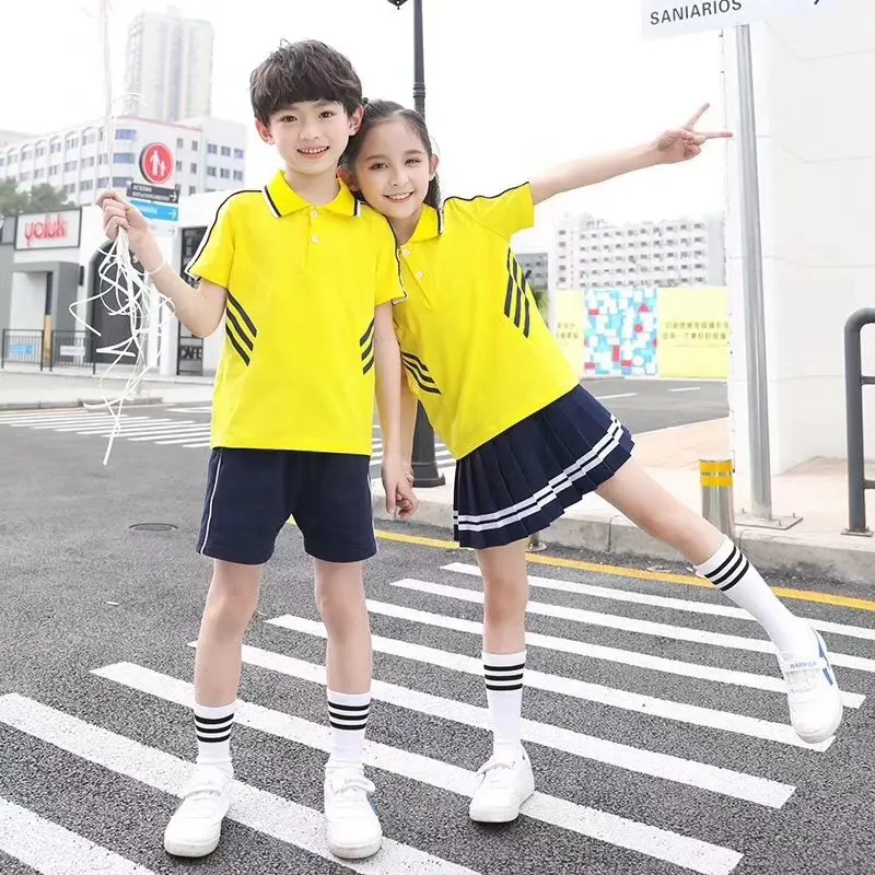 Uniformes escolares de manga corta con logotipo personalizado, ropa deportiva para niños, conjuntos de dos piezas, pantalón y camiseta de polo