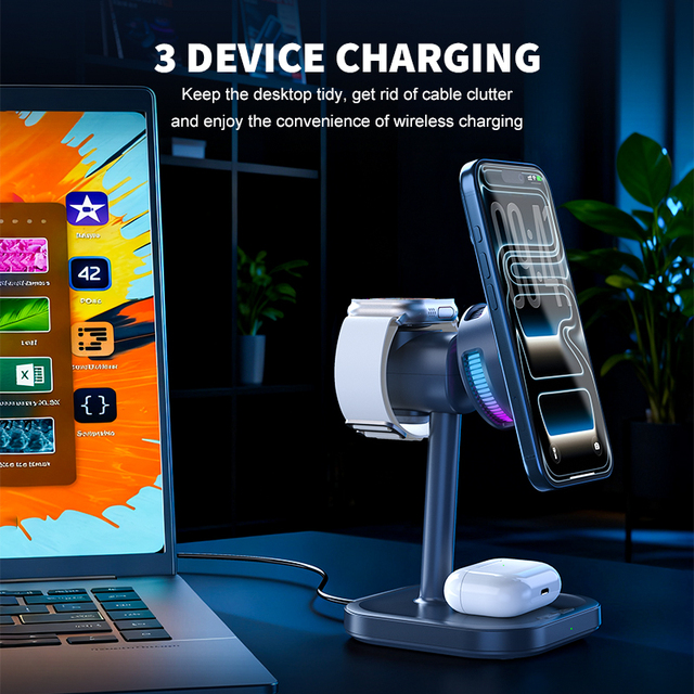 Wholesale Certificate Desktop Magnetic 3 in 1 Wireless Charger Stand 25W Fast Charging Station for iPhone With Fan Night Light