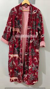 Robe kimono en velours à imprimé animal pour femme, ceinture enveloppante, manches longues, col châle, tenue d'automne, robe de chambre à motifs rouges - Product Image 2