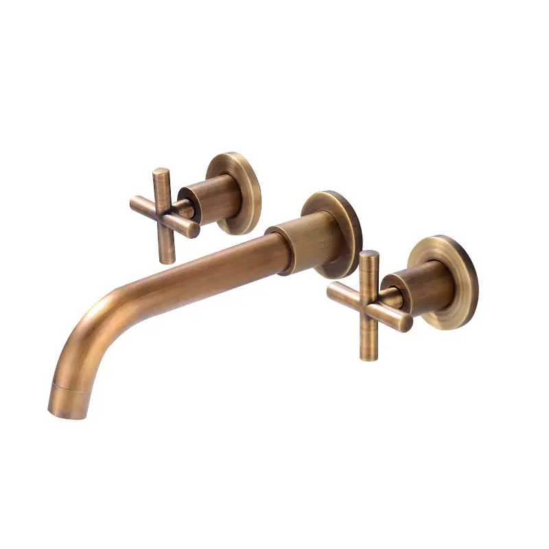 2020 Hot Sales Basin Taps Wall Mounted Lavatory Water Mixer Dual Handle Antique Brass Brushed 3 Holes Sink Faucet