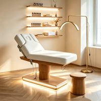 Table de massage électrique pour spa, lit facial en cuir PU blanc avec piédestal rond en bois et base lumineuse LED pour salon de beauté et clinique des cils