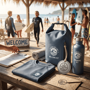 Kit de bienvenue pour le camp de surf personnalisé avec rashguard, sac étanche, serviette à séchage rapide, bouteille et étiquette métallique - Product Image 4