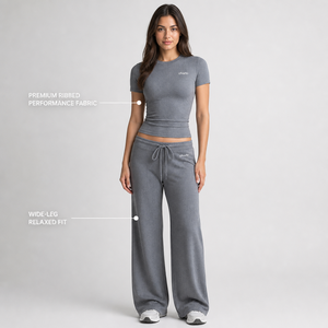 Conjunto Deportivo CHARLO para Mujer, Top Corto Gris de Manga Corta y Pantalones Anchos, Cuello Redondo, Cordón Ajustable, Color Sólido, Ropa Deportiva Informal - Product Image 3