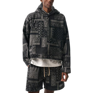 Conjunto de Sudadera con Capucha y Pantalones Cortos de Mezclilla con Estampado Paisley Personalizado <span class=keywords><strong>para</strong></span> Hombre, Conjunto de <span class=keywords><strong>Dos</strong></span> Piezas de Mezclilla, Conjunto Coordinado de Mezclilla <span class=keywords><strong>para</strong></span> Hombre - Product Image 1