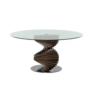 elegant optical illusion spiral sculpture glass top different sizes single or double base solid round wooden dining table