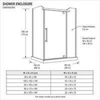 Cabine de douche en acier inoxydable 90x90cm avec porte pivotante et verre trempé transparent de 8mm