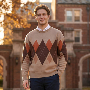 Pull en tricot Argyle en mélange coton-acrylique, motif géométrique rétro pour hommes, toucher doux et tissage durable, logo personnalisé, vente en gros - Product Image 1