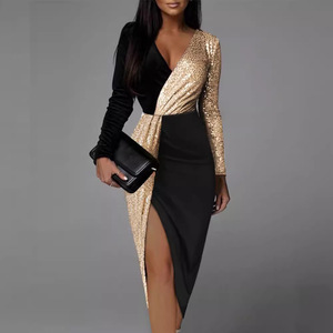 Vestido midi de cintura alta con cuello en V y manga larga, negro y azul con lentejuelas, entallado en la cintura, para oficina. - Product Image 2